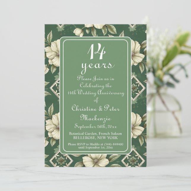 Convite Aniversário de Casamento Floral da 14 Ivory (Em pé/Frente)