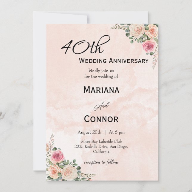 Convite Aniversário de Casamento Floral de Creme Rosa (Frente)