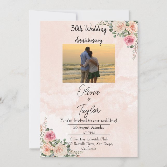 Convite Aniversário de Casamento Floral de Creme Rosa Bril (Frente)