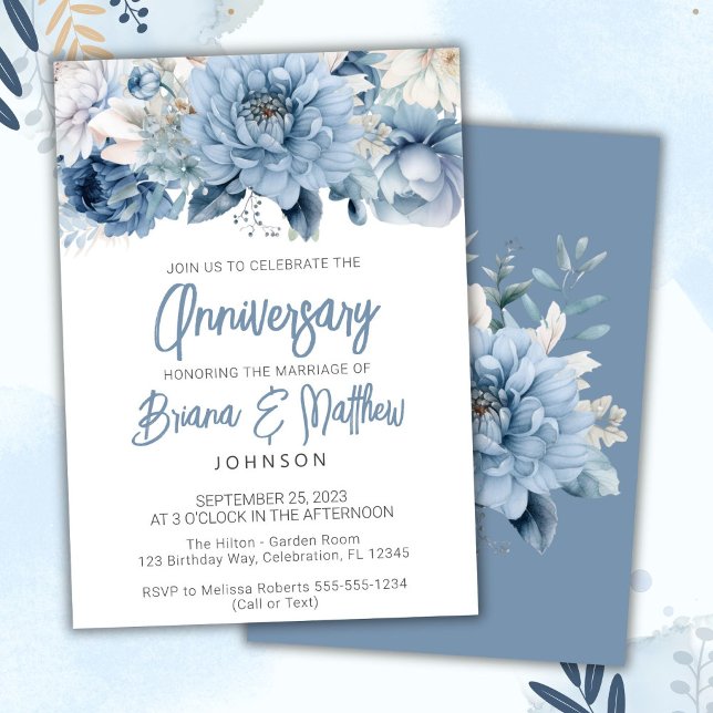 Convite Aniversário de Casamento Floral de Dusty Blue (Criador carregado)