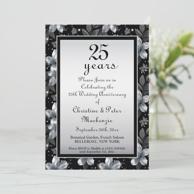 Convite Aniversário de Casamento Floral do 25 Silver Glitt (Em pé/Frente)