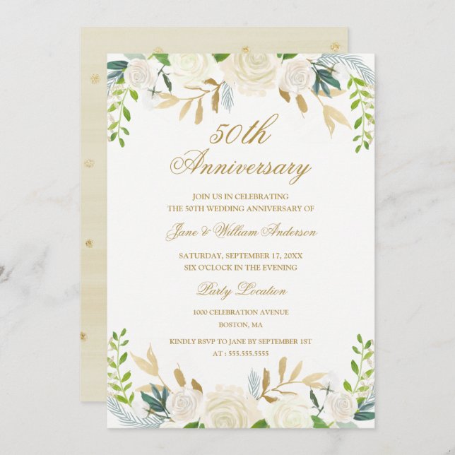 Convite Aniversário de Casamento Floral em Aquarela Elegan (Frente/Verso)