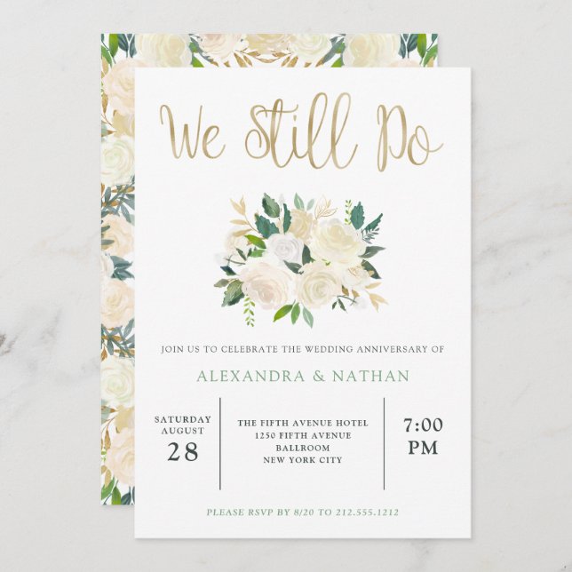 Convite Aniversário de Casamento Floral em Aquarela Marfim (Frente/Verso)