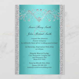 Convite Aniversário de casamento floral prata azul