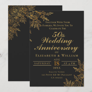Convite Aniversário de casamento floral preto e dourado