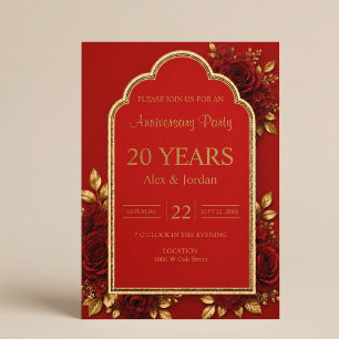 Convite Aniversário de Casamento Floral Vermelho e Dourado