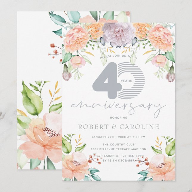 Convite Aniversário de Casamento Floral Watercolor 40º (Frente/Verso)