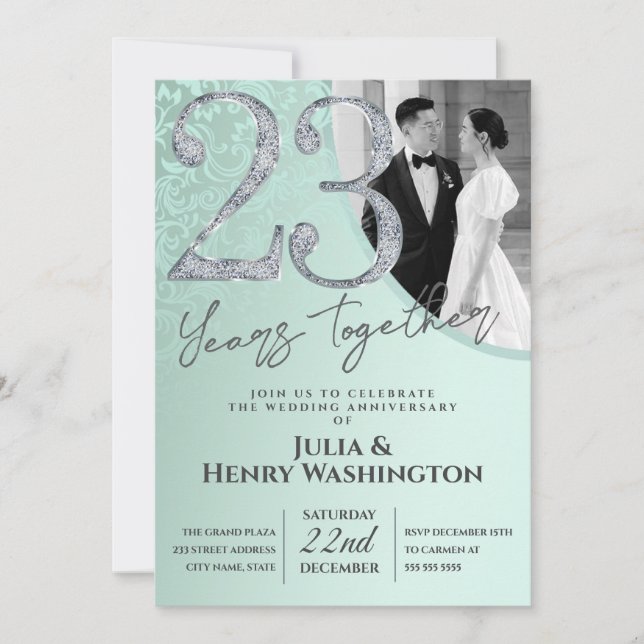 Convite Aniversário de Casamento Gentil Verde 23º  (Frente)