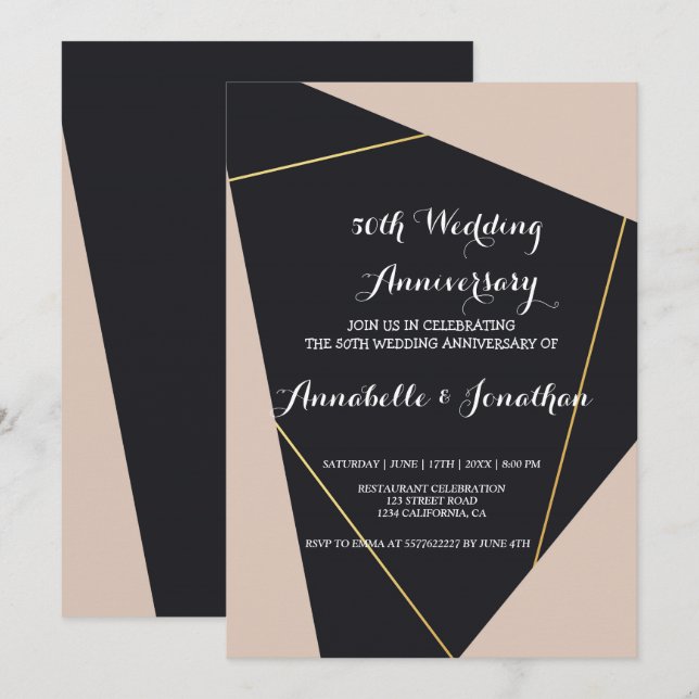 Convite Aniversário de casamento geométrico preto rosa e d (Frente/Verso)