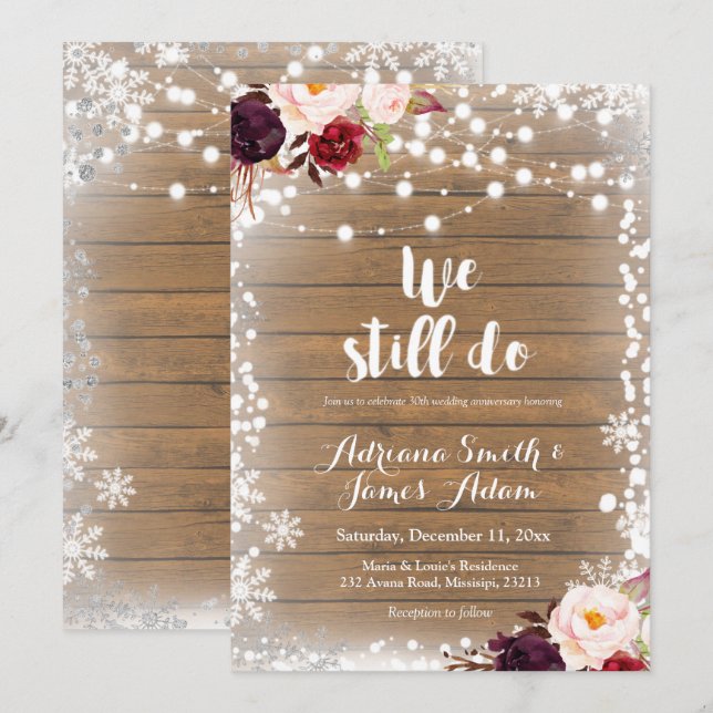 Convite Aniversário de Casamento Marsala Winter Snowflakes (Frente/Verso)