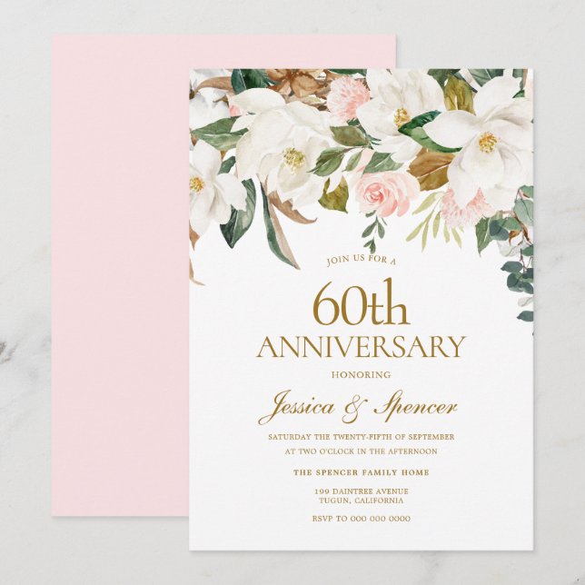 Convite Aniversário de Casamento Moderno Bege Branco Flora (Frente/Verso)