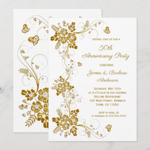 Convite Aniversário de Casamento Ouro diamante floral bran