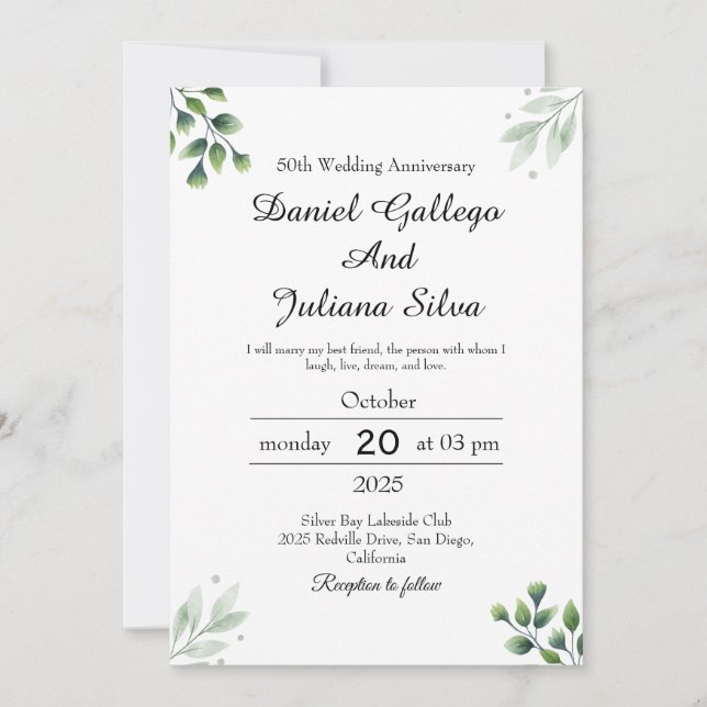 Convite Aniversário de Casamento Padrão da Folha Verde (Frente)