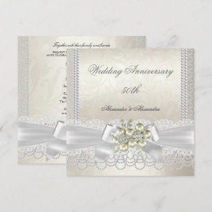 Convite Aniversário de Casamento Pérola Branca de Renda Di