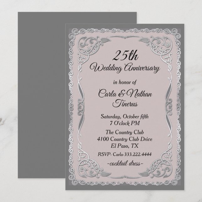 Convite Aniversário de Casamento Prata e Azul Ornado (Frente/Verso)