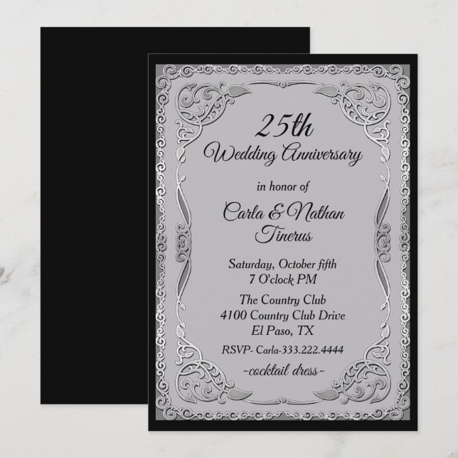 Convite Aniversário de Casamento Prata e Cinza Ornamentado (Frente/Verso)