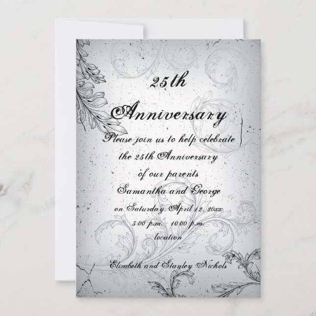 Convite Aniversário de casamento prateado com folha de per (Frente)