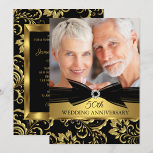 Convite Aniversário de Casamento Preto Dourado Damask Foto