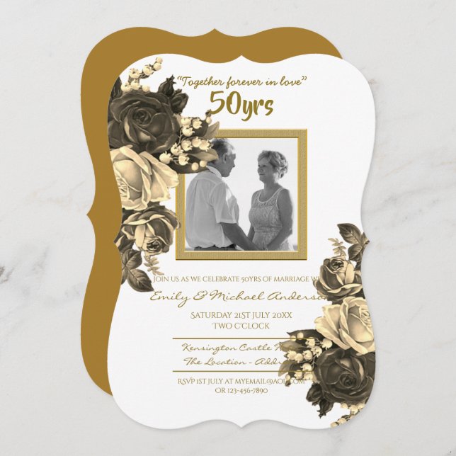Convite Aniversário de Casamento Rosa Antiga - 50º Bodas d (Frente/Verso)