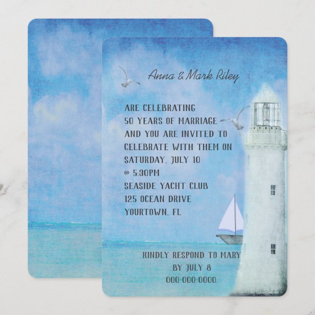 Convite aniversário de casamento- veleiro e farol oceânico (Frente/Verso)