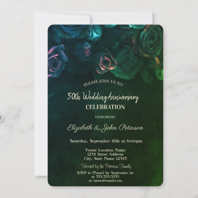 Convite Aniversário de Casamento Verde de Rosas Chic (Frente)