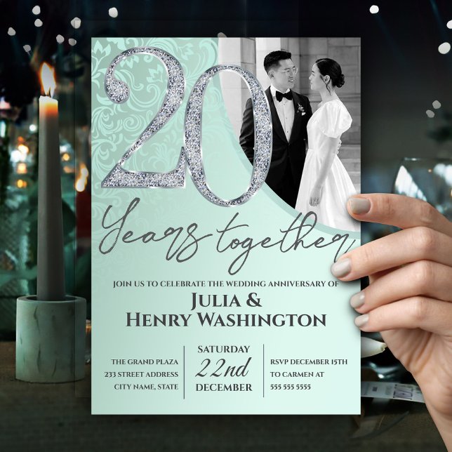 Convite Aniversário de Casamento Verde Menta e Prata (Criador carregado)