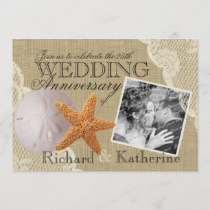 Convite Aniversário de Casamento Vintage de Praia e Renda