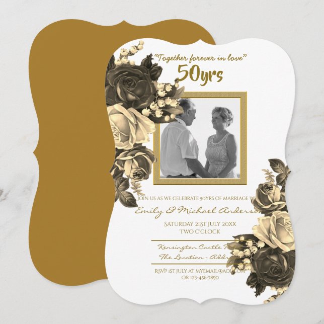 Convite Aniversário de Casamento Vintage Rose - 50º Dourad (Frente/Verso)