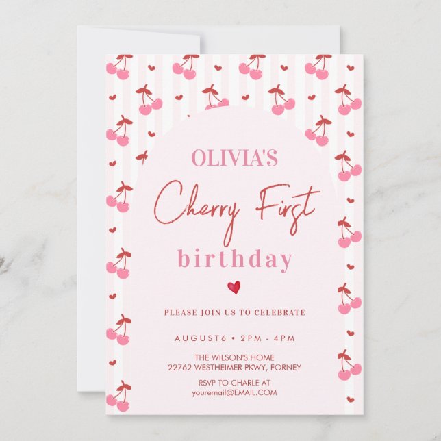 Convite Aniversário de Cereja de Um Ano (Frente)