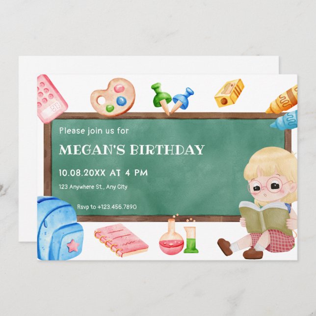 Convite Aniversário de chalkboard de uma menina de escola  (Frente/Verso)