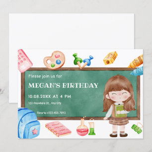 Convite Aniversário de chalkboard de uma menina de escola