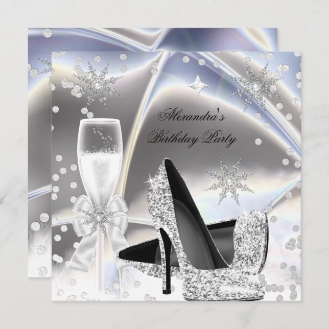 Convite Aniversário de Champanhe de Prata com aparência me (Frente/Verso)