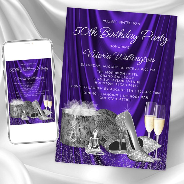 Convite Aniversário de Champanhe de Sapato Prata Roxo de M (Womans purple silver any birthday invitation. Instant download and printed invitations available.)