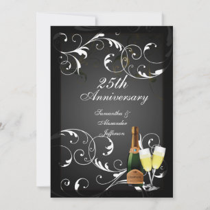 Convite Aniversário de Champanhe Prata Preto e Branco