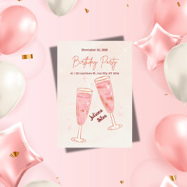Convite Aniversário de Champanhe Rosa Glamouroso e Elegant
