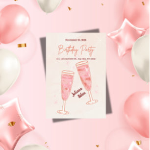 Convite Aniversário de Champanhe Rosa Glamouroso e Elegant