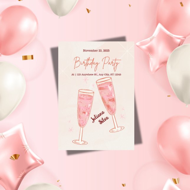 Convite Aniversário de Champanhe Rosa Glamouroso e Elegant (Criador carregado)