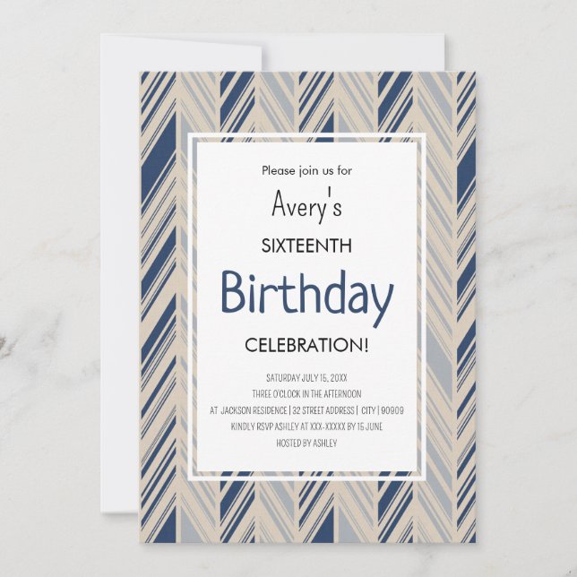Convite Aniversário de Chevron Azul Simples (Frente)