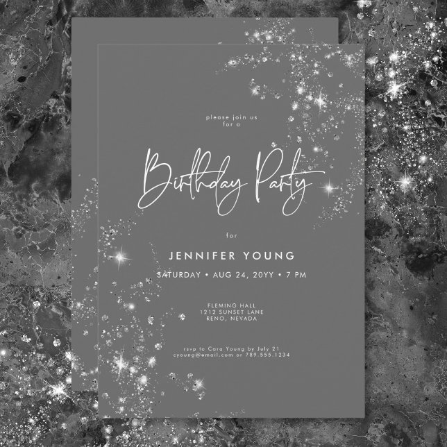 Convite Aniversário de Cinzas Mínimas Modernas e Óculos Br (Modern Minimal Gray & White Glam Diamonds Birthday Invitation)