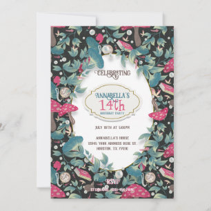 Convite Aniversário de Cogumelo Black Vintage Cottagecore