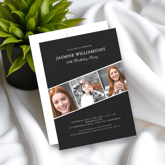 Convite aniversário de colagem de três fotos em preto e br (Criador carregado)