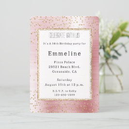 Convite Aniversário de Confetti com Gelado Rosa Dourado Br