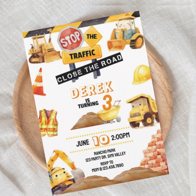 Convite Aniversário de Construção, Construção, Trator, (Criador carregado)