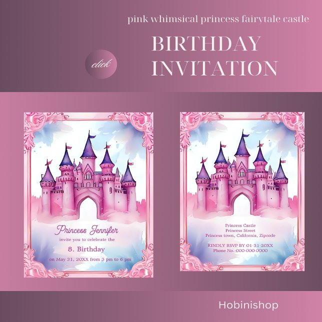 Convite aniversário de conto de fadas da princesa branca r (pink whimsical princess fairytale castle birthday invitation)