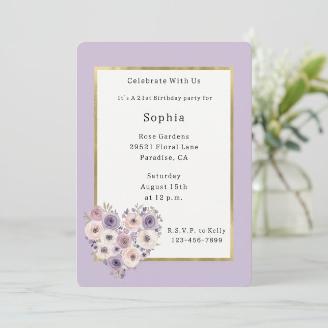 Convite Aniversário de Coração Floral Rosa Roxo Branco (Em pé/Frente)