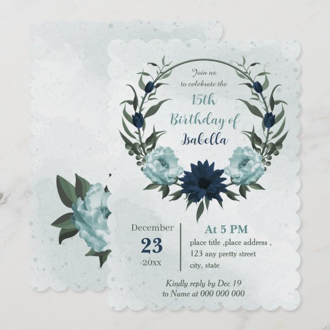 Convite Aniversário de coroa azul-poeirenta flores de mari (Frente/Verso)