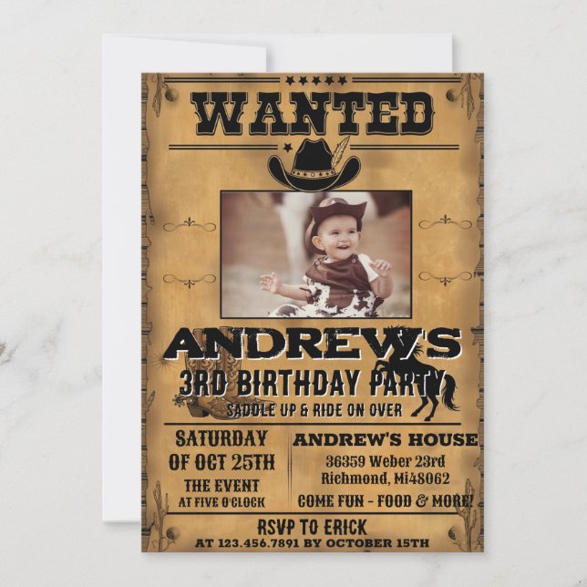 Convite Aniversário de Cowboy Western Pessoal com Foto (Frente)