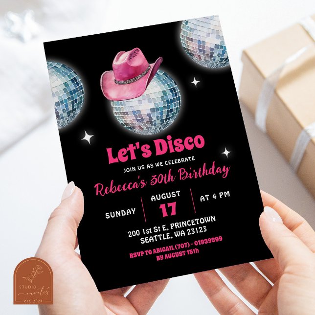 Convite Aniversário de Cowgirl em Rosa Quente Discoball Va (Criador carregado)