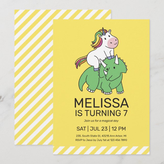 Convite Aniversário de criança Amarelo do Dinossauro do Un (Frente/Verso)