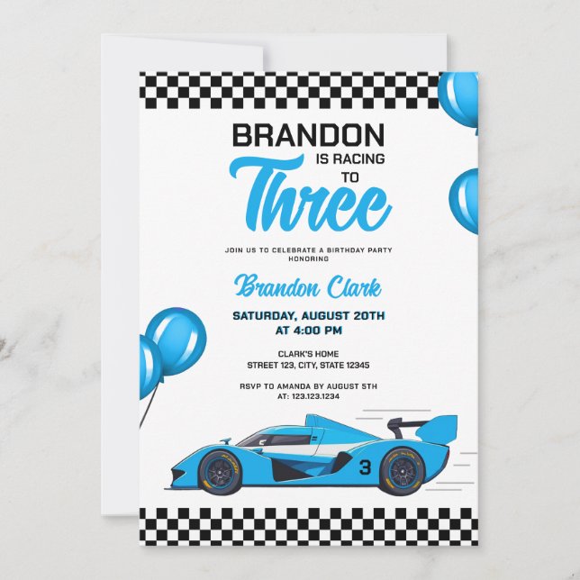 Convite Aniversário de criança branco e azul de racecar (Frente)